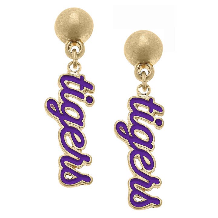 Clemson Tigers Enamel Script Earrings in Purple for wholesale by Canvas Style