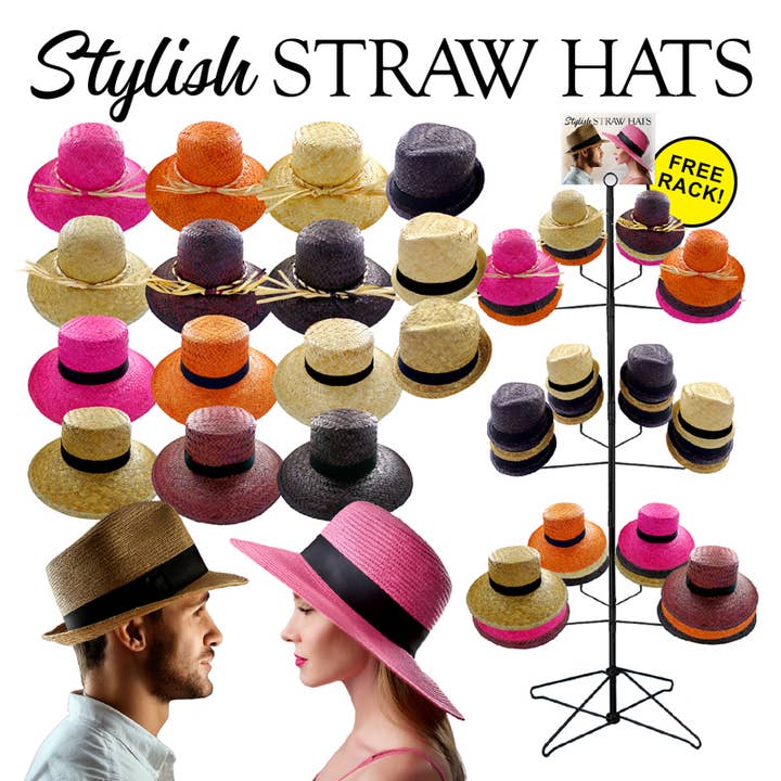 Deluxe Import Trading - Wholesale Hat Rack - 96 pc Assorted Straw Hat Display
