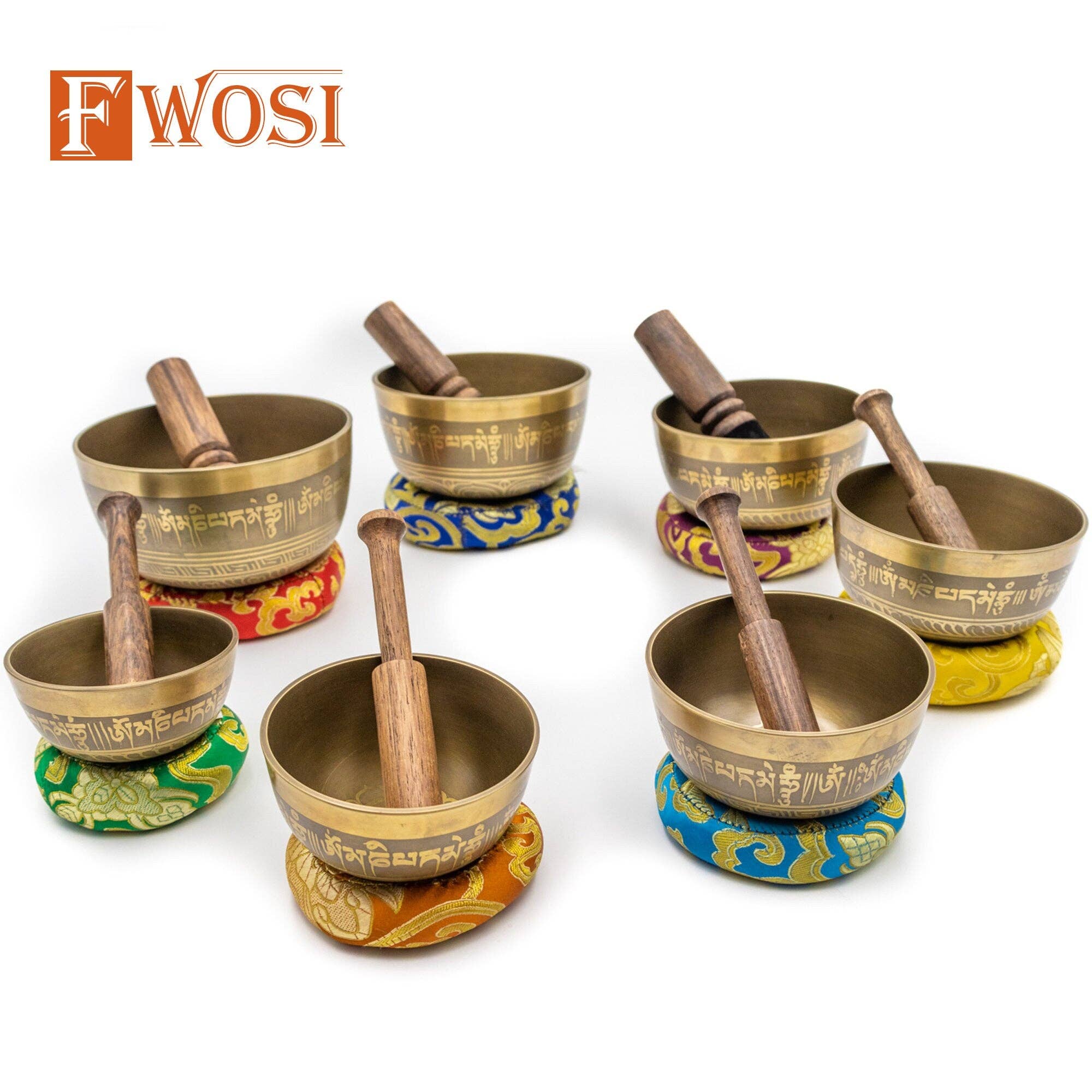 Fwosi - Wholesale Meditation Supplies - 7 Tibetan Singing Bowl Meditation Set with Carry Case, Mallet, Striker, Cushion | Antique Instruments for Yoga, Chakra Healing2