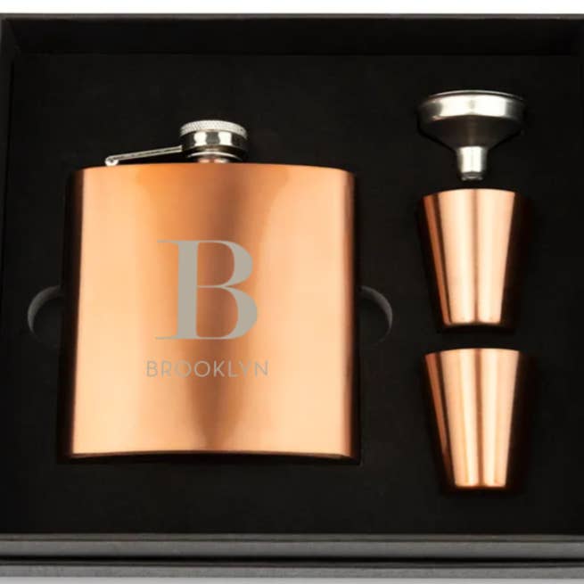 Weddingstar Inc. – wholesale Flask – Stainless Steel Hip Flask Gift Box Set-Modern Serif Monogram