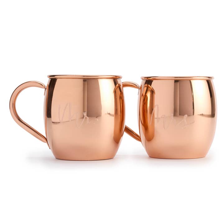 Mr. & Mrs. Barrel Smooth: 16oz Set of 2 Rounded Handle Mugs for wholesale by Copper Mug Company