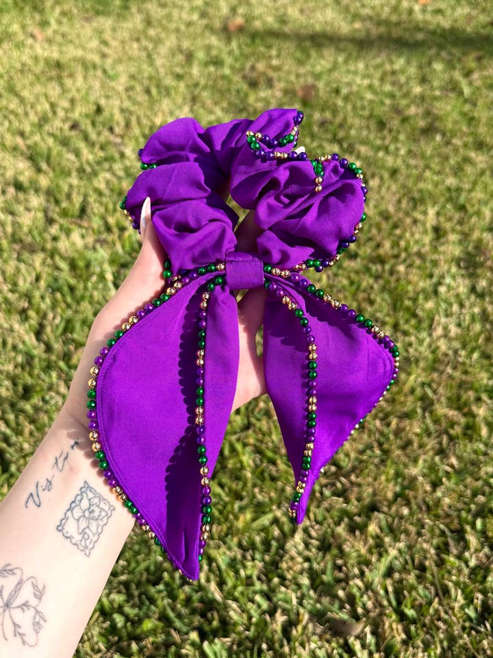 Purple Beaded Mardi Gras Scrunchie for wholesale by La Luna Belle LLC