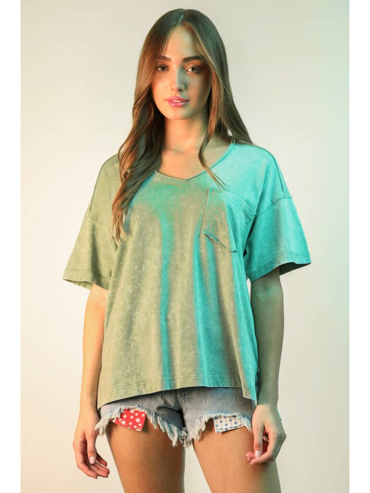 VERY J - Wholesale Knit Top - Women's - NT11966-Mineral Washed V-Neck Knit Top