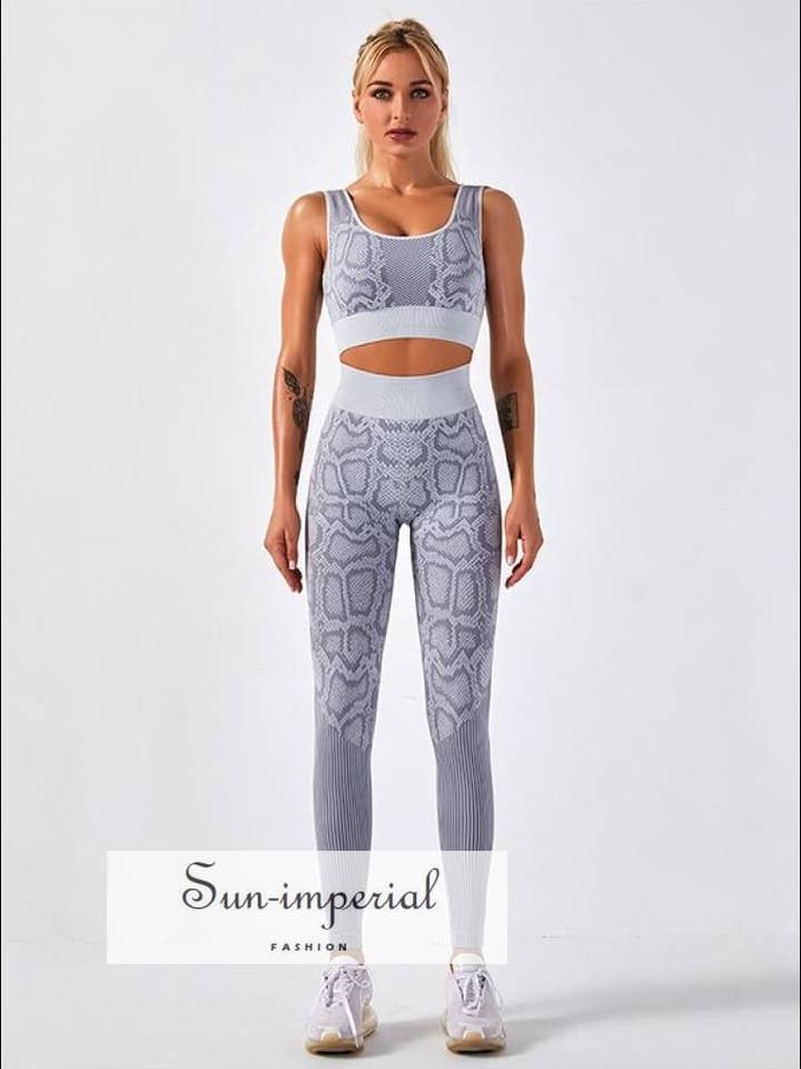 Women Two Piece Grey Snake Print Cropped Top Round Back for wholesale by Sun Imperial