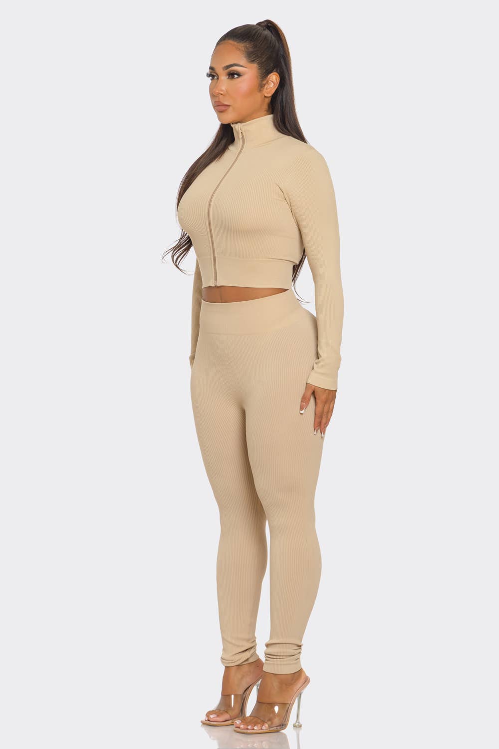 Lime All the Time - Wholesale Top & Pant Set (NOT Loungewear) - Women's - 2 Pcs Seamless Zip Up Crop Top and Legging Set2