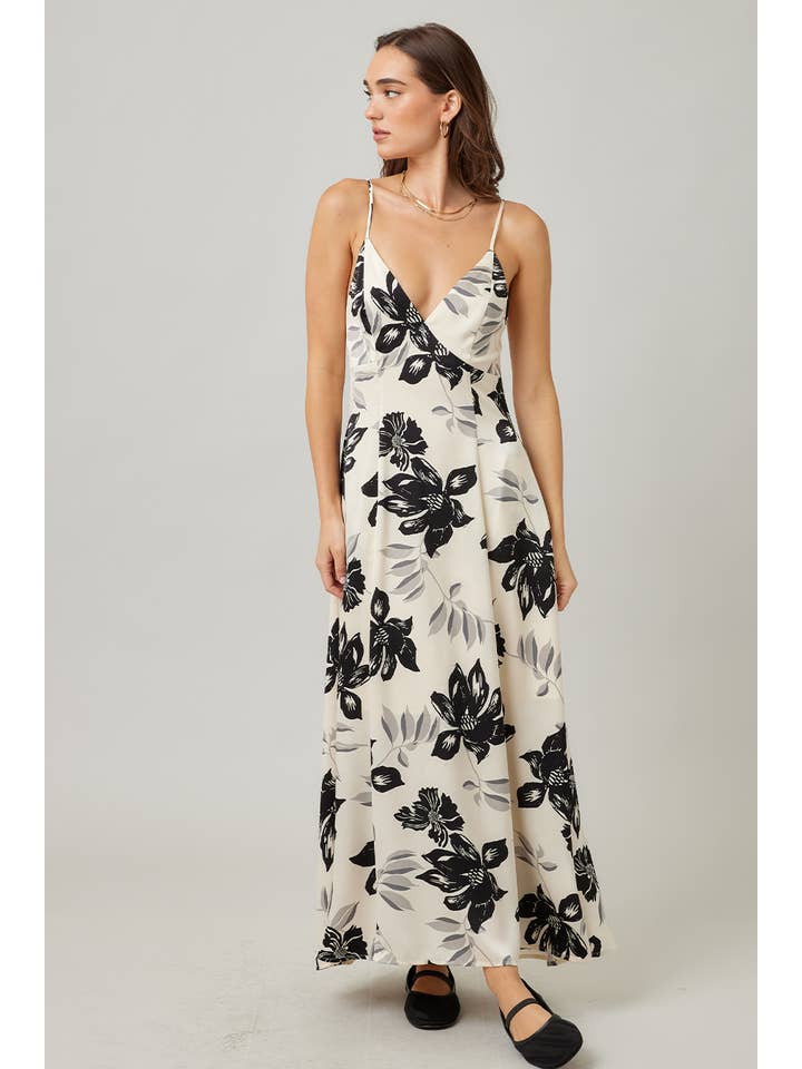 IVORY Fall Holiday Floral Printed Satin Open Back Maxi Dress for wholesale on Faire7