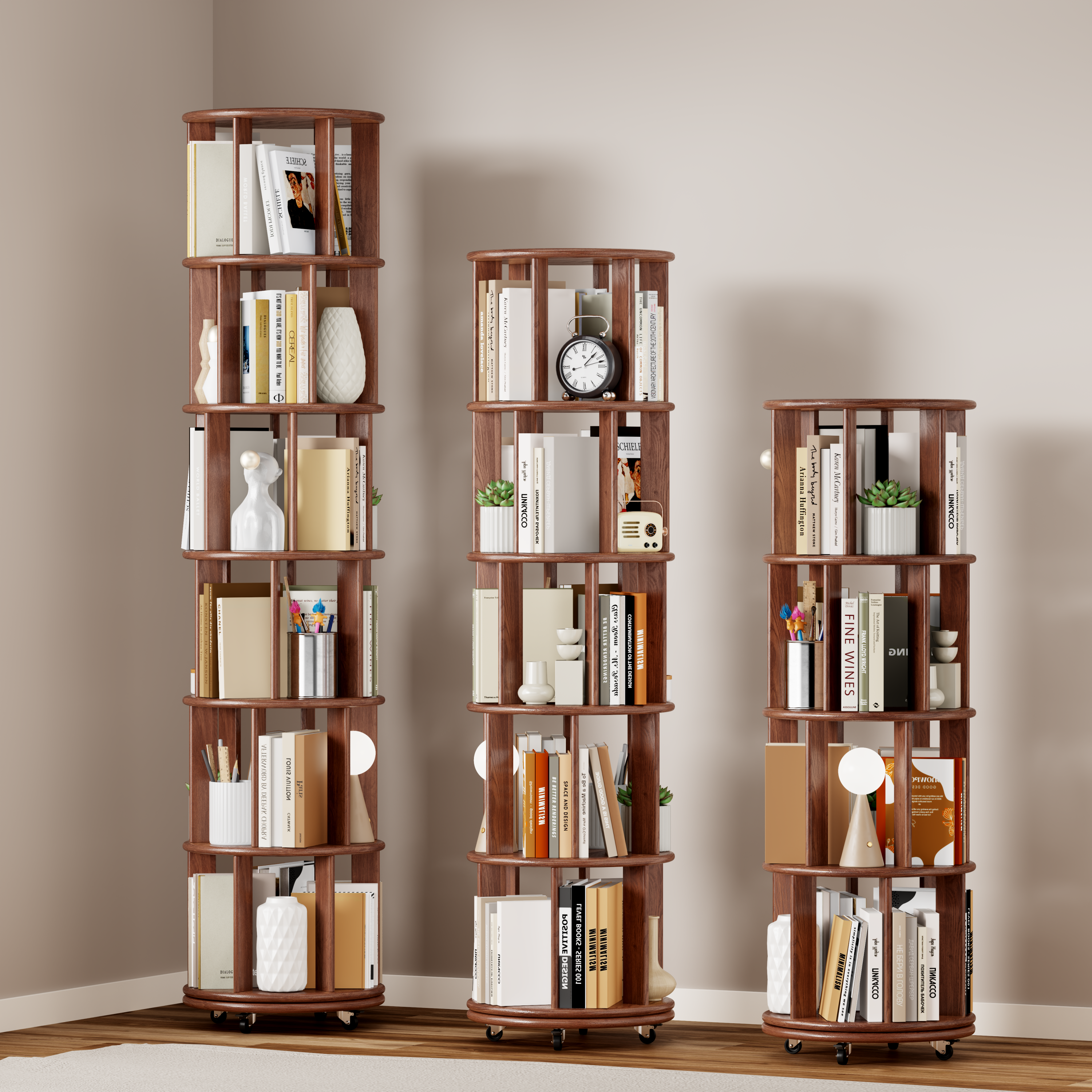 39F Inc. - Wholesale Bookcase - Walnut 4-Tier 100% Solid Wood Rotating Bookshelf with Wheel0