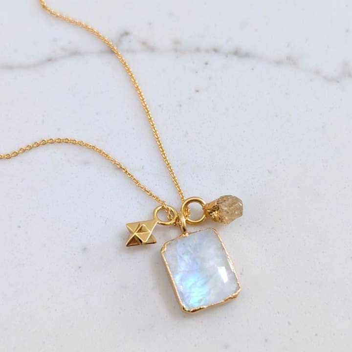The Trio Moonstone, Citrine and Charm Necklace for wholesale by Lapis London