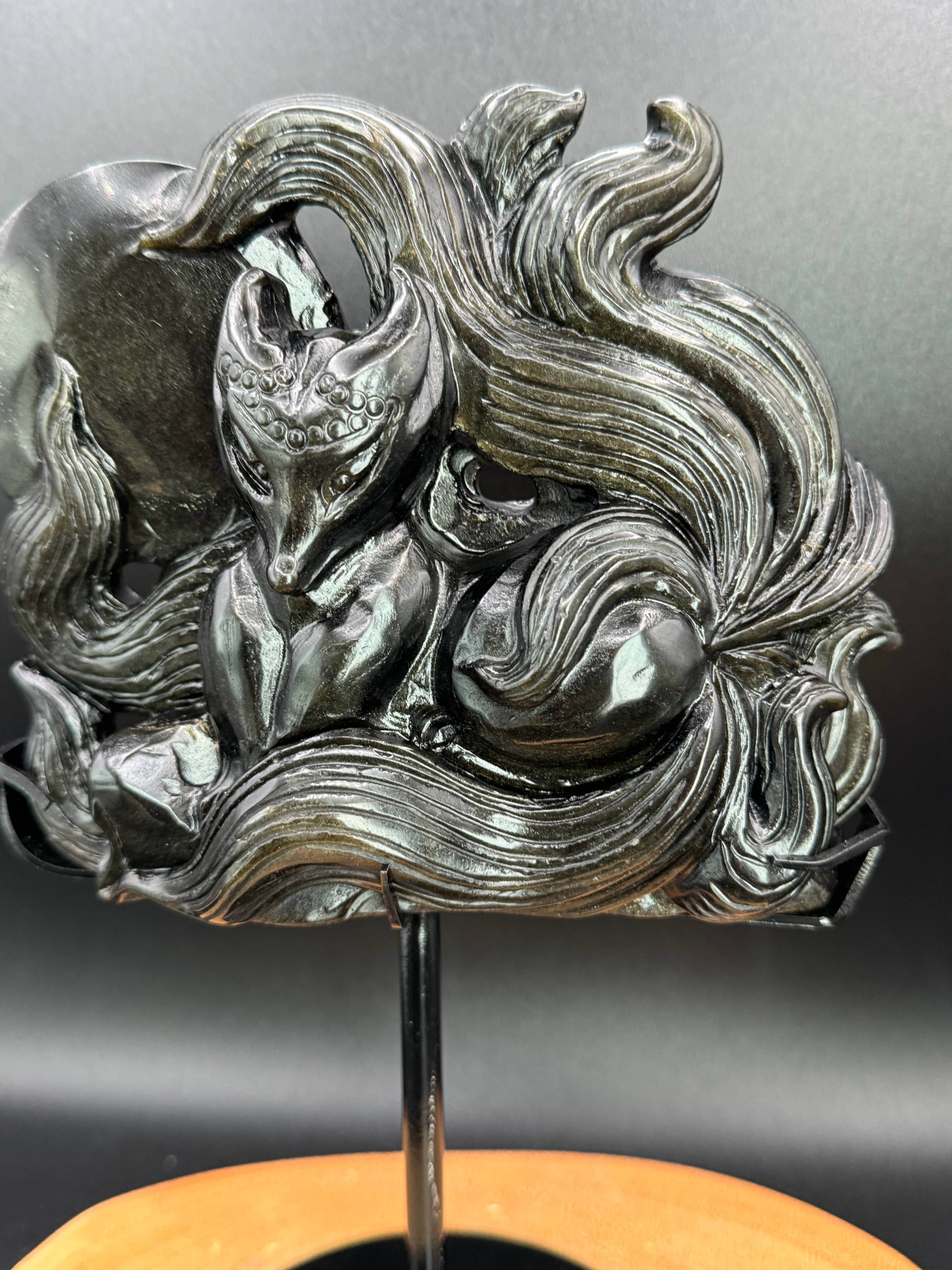 The 7 Directions - Wholesale Spiritual Stone/Crystal - Hand carved Gold Sheen Obsidian Nine tail fox H2953