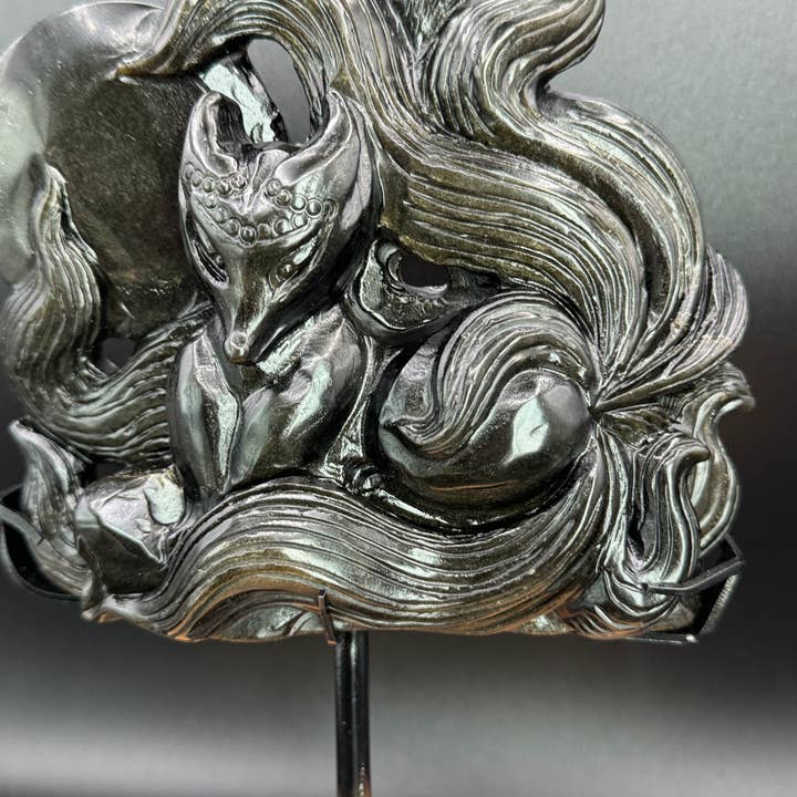 The 7 Directions - Wholesale Spiritual Stone/Crystal - Hand carved Gold Sheen Obsidian Nine tail fox H2953
