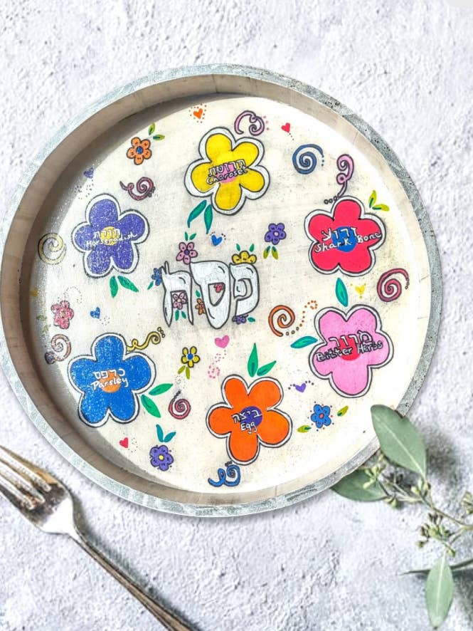 Plato de Seder Floral Pintado a Mano para Pésaj, Detalle de Purpurina para venta al por mayor de Eclectic Judaica