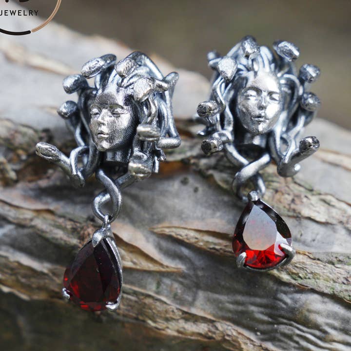 Medusa Earrings with Garnet Drop in Oxidized 925 Sterling Silver, Gothic Vintage Jewelry for Women, Christmas Gift Idea for wholesale by idjewelry