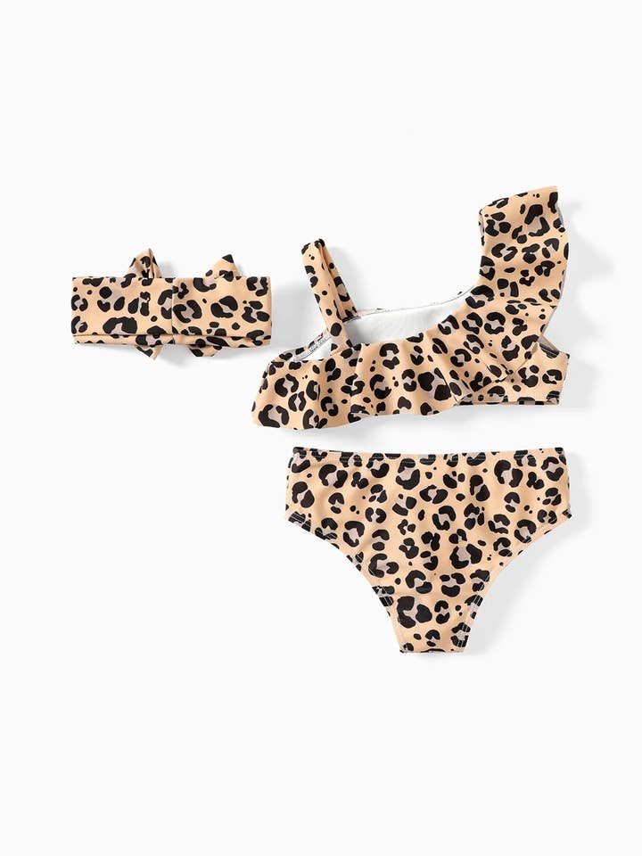 Brown 3pcs Toddler Girl Leopard Ruffle Swimsuit Set for wholesale on Faire1