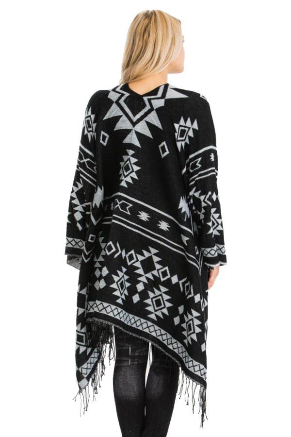 Cap Zone – Poncho - Mulher por atacado – Poncho ocidental reversível com padrão geométrico asteca5