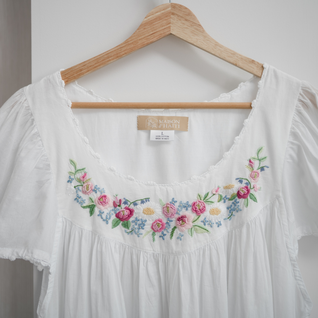 Maison d' Haiti - Wholesale Nightgown - Women's - Embroidered Pink Rosebud Cap Sleeve Cotton Nightgown0