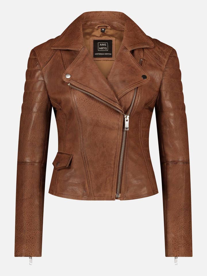 Munroe | Veste en cuir noire et cognac pour femme pour la vente par Amsterdam Heritage Leather Belts, Bags, Jackets & Apparel
