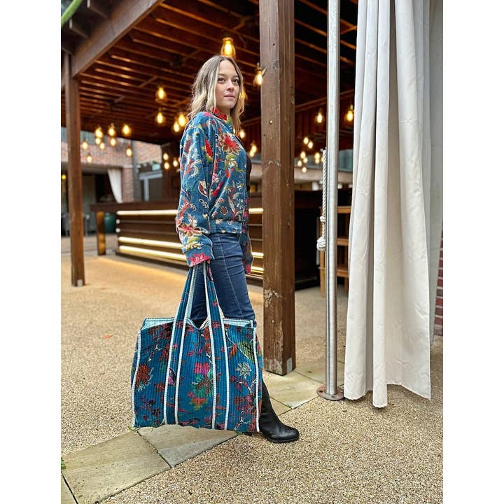 Essential Designs London - Wholesale Tote Bag - Women's - Quilted Velvet Cotton Reversible Extra Large Tote Bag Beach Weekender Eco friendly Sustainable Sturdy Grocery Shopping Rich Teal Pink Orange1