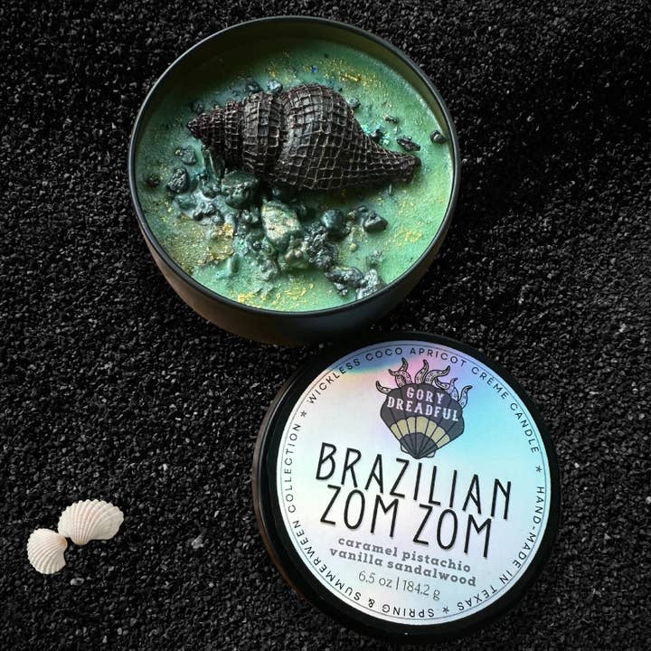 BRAZILIAN ZOM ZOM Luxury Wickless Candle 6.5 oz: Caramel Pistachio Vanilla Sandalwood Scent for wholesale by Gory Dreadful Candle Co
