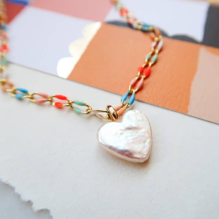 Heart of the Sea Pearl Heart Rainbow Necklace for wholesale by Bittersweet