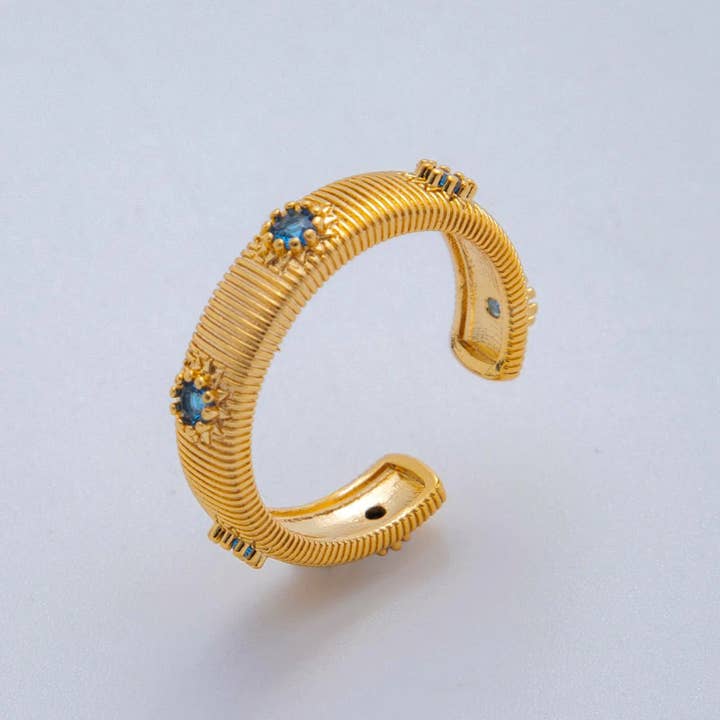 GOLD PLATED BLUE RIBBED SAPPHIRE ADJUSTABLE RING RI-O2029 for wholesale by Simply Jewels