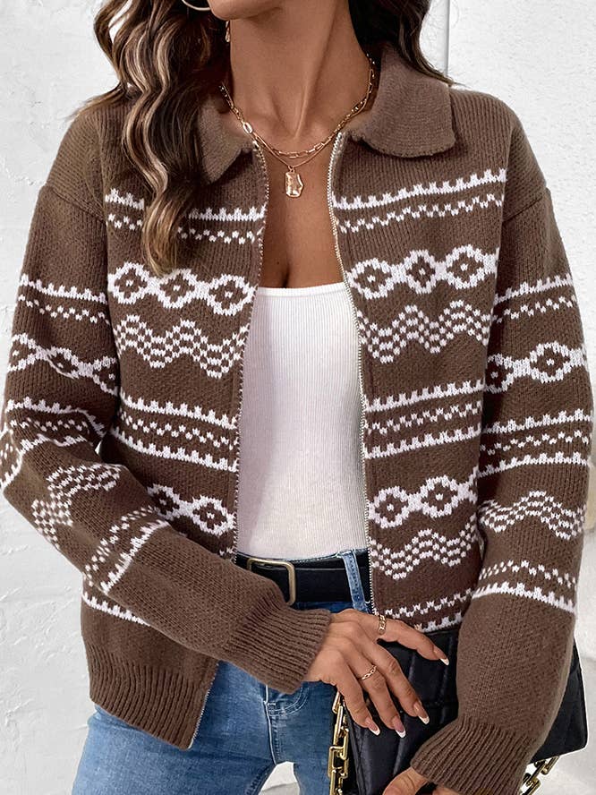 Turn-Down Collar Jacquard Zipper Autumn Winter Cardigan for wholesale by Comely Fashion