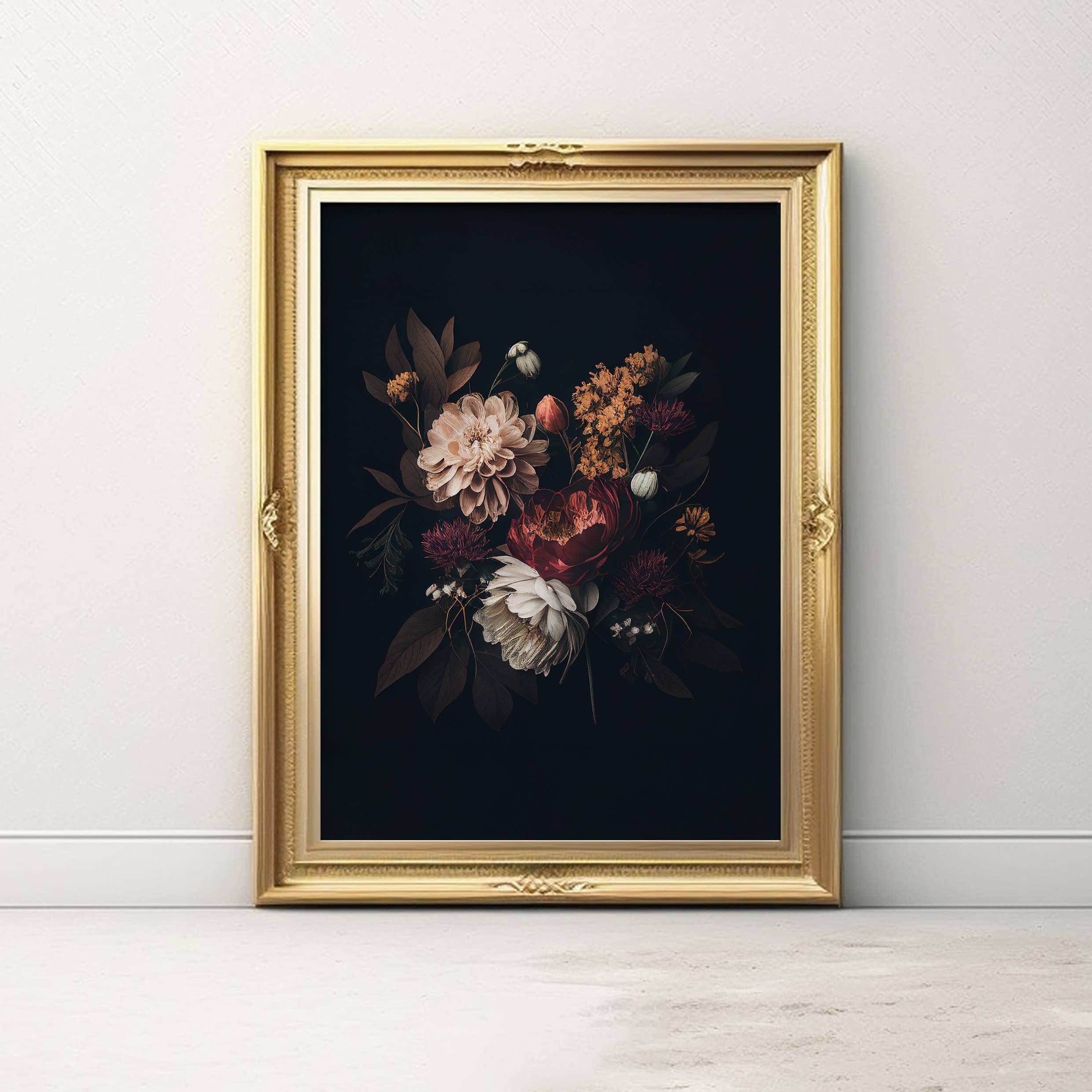 Unleashed Pen - Vente Affiche d'art - Imprimé floral vintage Moody - Fond foncé