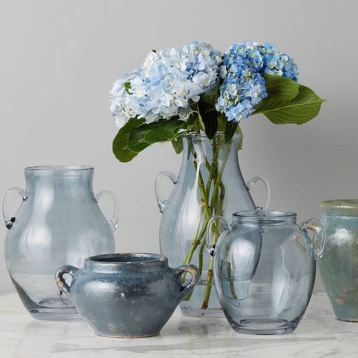 etúHOME - Wholesale Vase - Denim Blue Glass Amphora Flower Vase with Handles, Medium