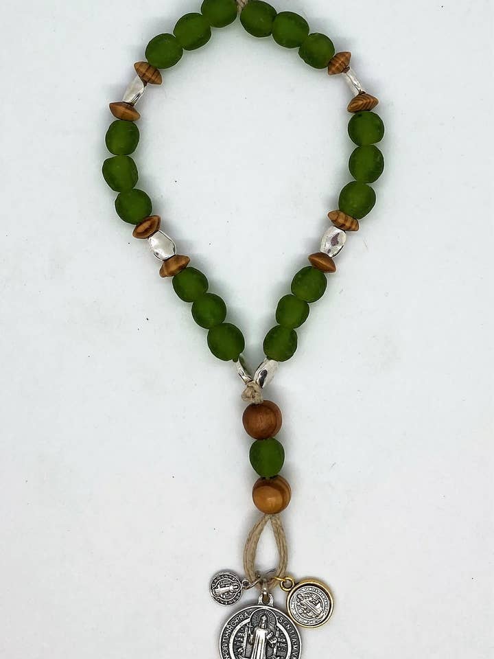 St Benedict House Blessing With Green Glass Beads, Wood Beads And Silver W/3 Medals for wholesale by RKM Designs