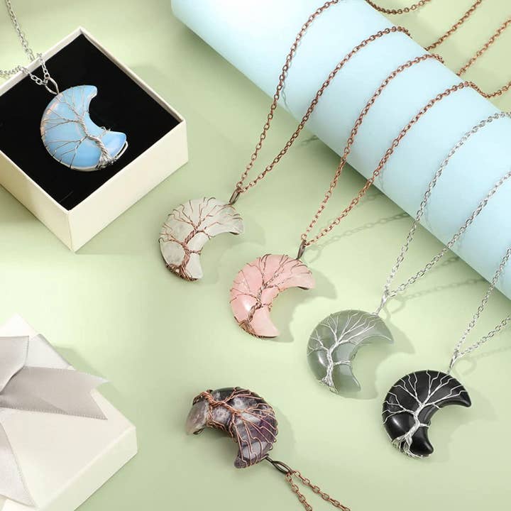Moon River Designs - Wholesale Pendant/Charm Necklace - Tree of Life Crystal Crescent Moon Pendant Necklace1