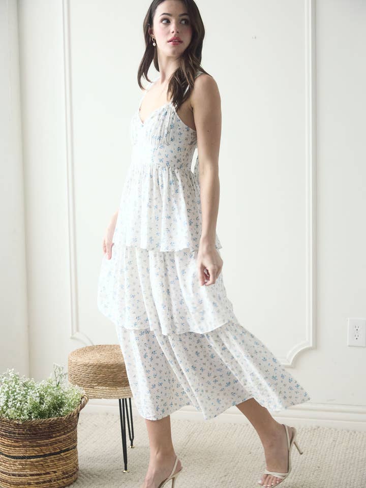 Blu Pepper - Wholesale Dress - Women's - FLORAL SLEEVELESS CORSET RUFFLE TIERED MIDI DRESS