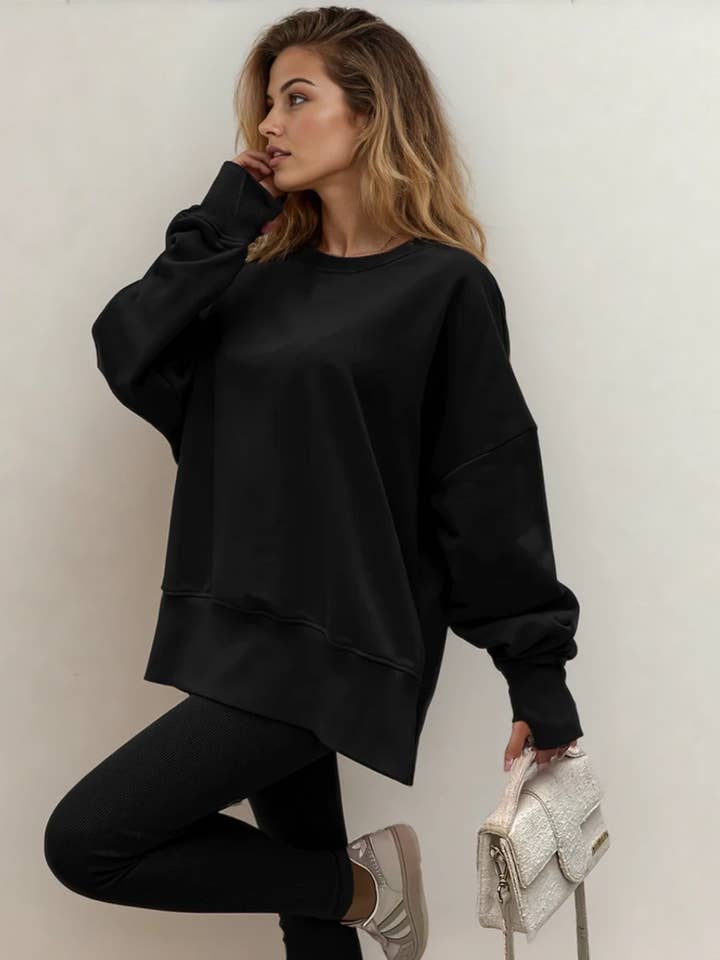 Conjunto de Sudadera Oversize con Abertura y Leggings de Canalé - Negro para venta al por mayor de Indie & Co. | Women's Apparel