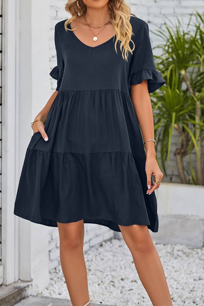 UNISHE - Vendita all'ingrosso Vestito - Donna - Abito A Balze Con Volant Con Scollo A V Semplice E Tasche MD03825