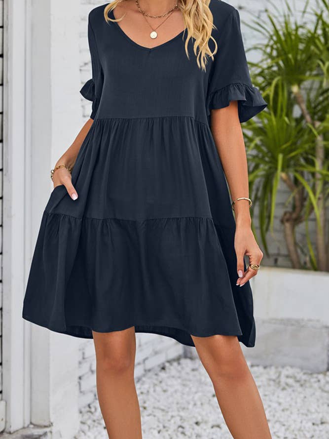 UNISHE - Vendita all'ingrosso Vestito - Donna - Abito A Balze Con Volant Con Scollo A V Semplice E Tasche MD03825