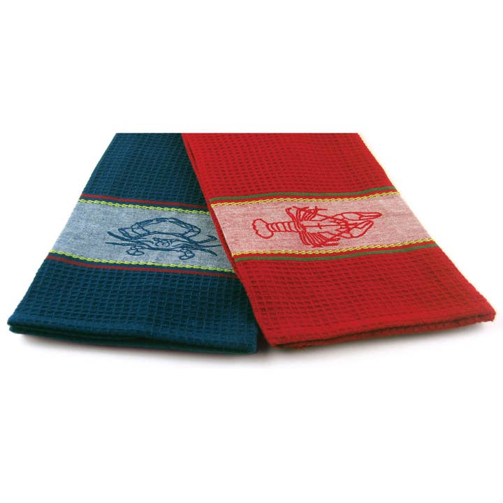Serviettes de cuisine brodées au homard pour la vente par Michaelian Home/India Overseas Traders, Inc.