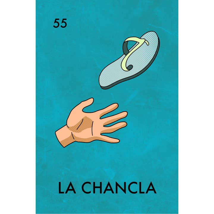 Divertido póster de parodia de la lotería mexicana de sandalias La Chancla, 12 x 18 para venta al por mayor de Gotham Gifts