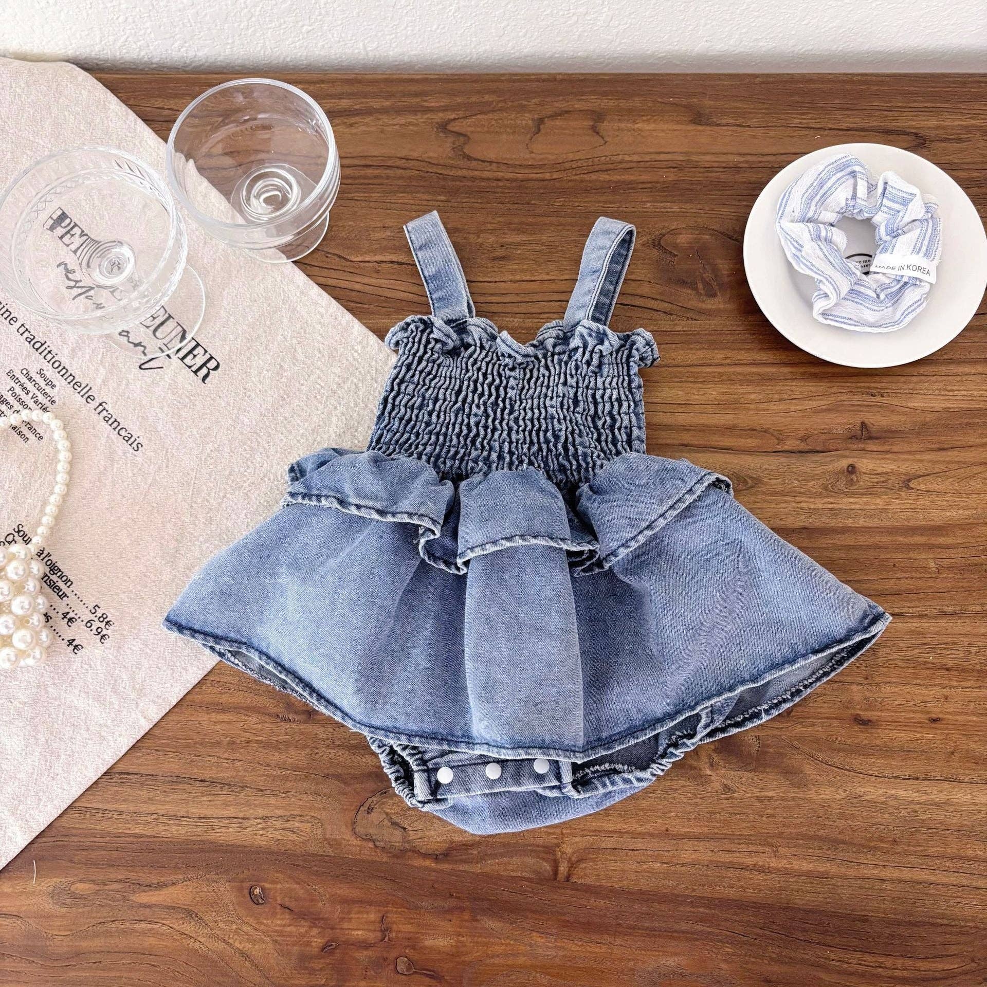 Blue Summer Arrival Baby Girls Cute Sleeveless Denim Pleated Dress Design Strap bodysuit for wholesale on Faire
