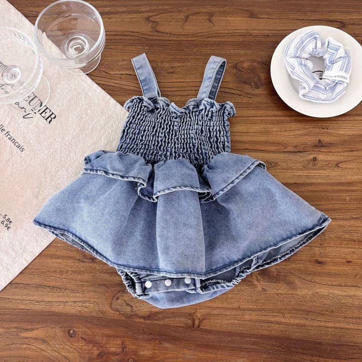 Blue Summer Arrival Baby Girls Cute Sleeveless Denim Pleated Dress Design Strap bodysuit for wholesale on Faire0