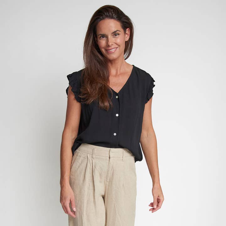 Amerie Black Crepe Button Up V-Neck Tank Top Assortment for wholesale by Howard's