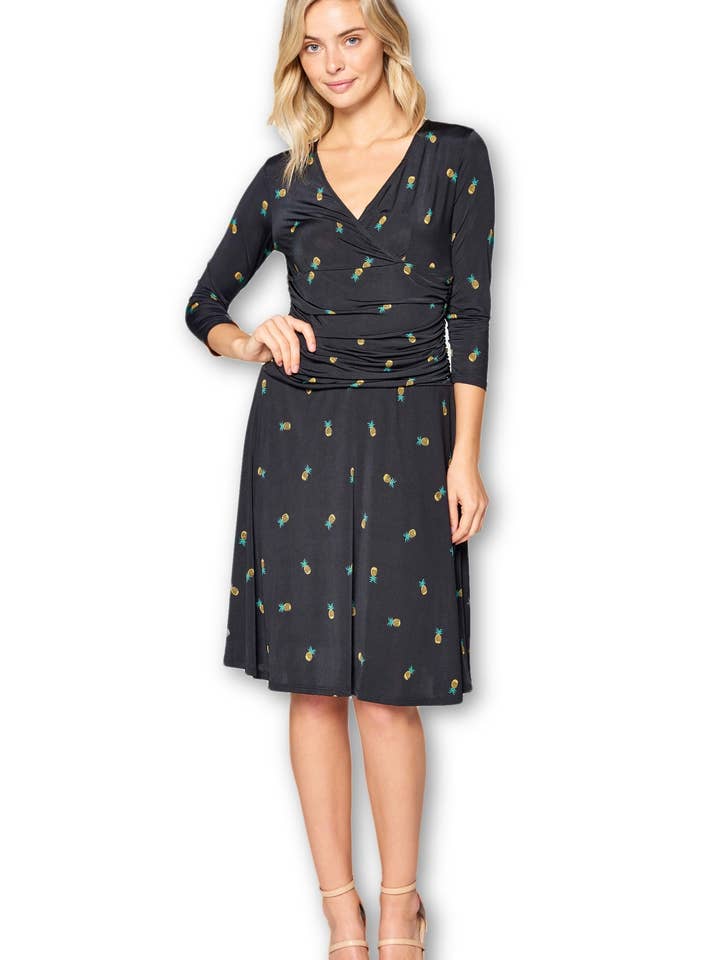 Made in USA - 3/4 Sleeve Casual V Neck Cross Wrap Midi Dress for wholesale by LKLUV