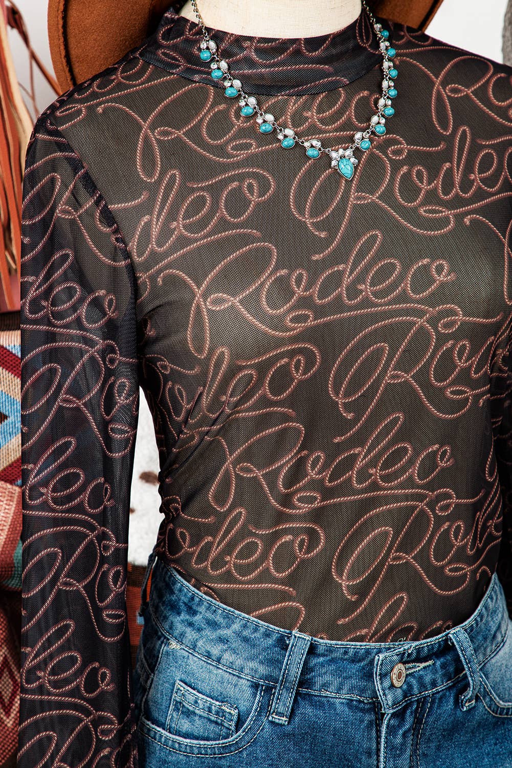 AS SHOWN Western Rodeo Mock Neck Long Sleeve Mesh Top for wholesale on Faire5