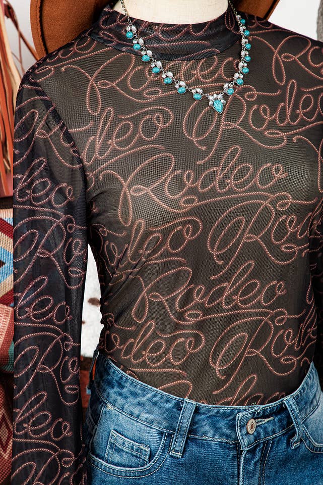 AS SHOWN Western Rodeo Mock Neck Long Sleeve Mesh Top for wholesale on Faire5