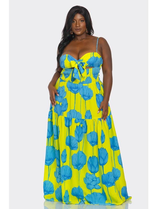 BANJUL - Wholesale Dress - Women's - BCCD63309 Corset Bow High-Waist Printed Plus Maxi Dress