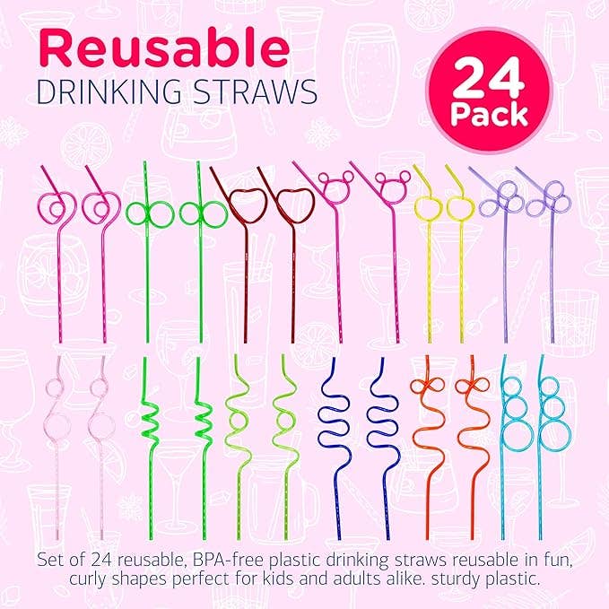 4E's Novelty - Vente Paille - 24 pailles torsadées réutilisables pour enfants et adultes - Pailles en plastique incurvées de 10" sans BPA5