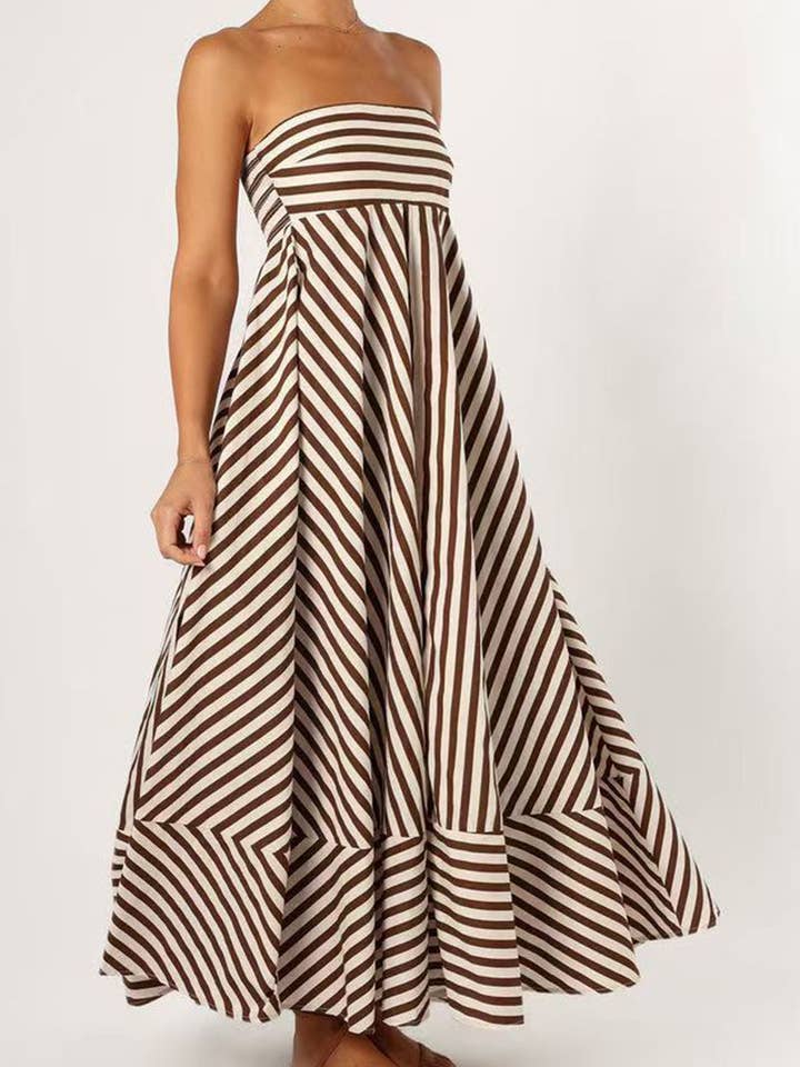 BROWN Strapless Striped Maxi Dress for wholesale on Faire1