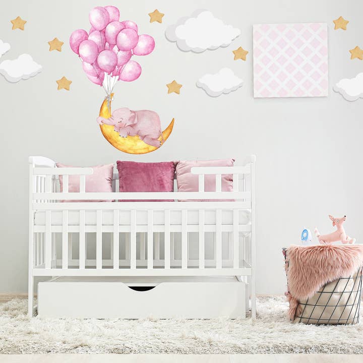 Wandaufkleber „Schlafender Elefant“, Wandaufkleber, Mond, Wandaufkleber, niedlicher schlafender Elefant, Wandaufkleber, Rosa, Ballon, Kinderzimmer für den Großhandel von Hello Beautiful Designs