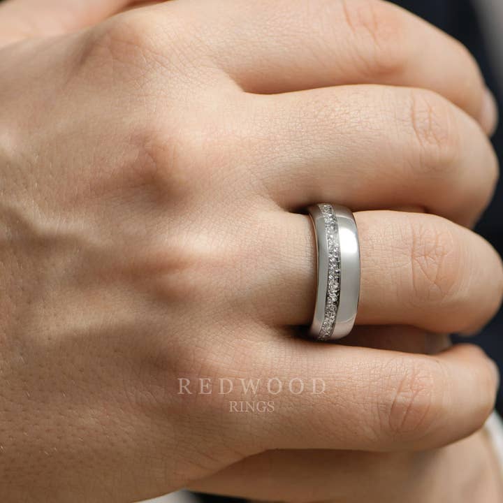 Redwood Rings - Wholesale Band/Stacked Ring - Silver Tungsten Ring With Lab-Grown Diamond Strip - 8MM1