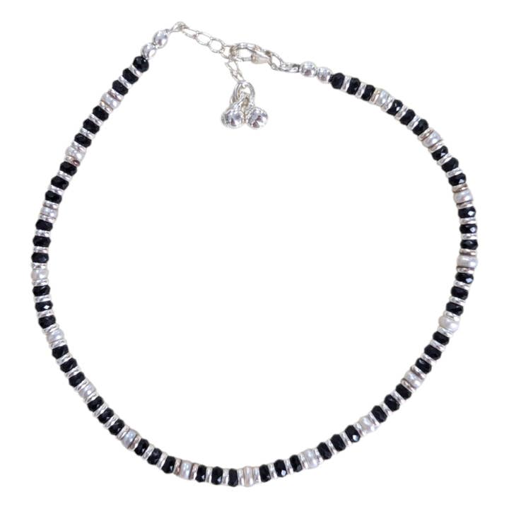 Onyx and Pearl Sterling Silver Anklet for wholesale by Saraswati Imports