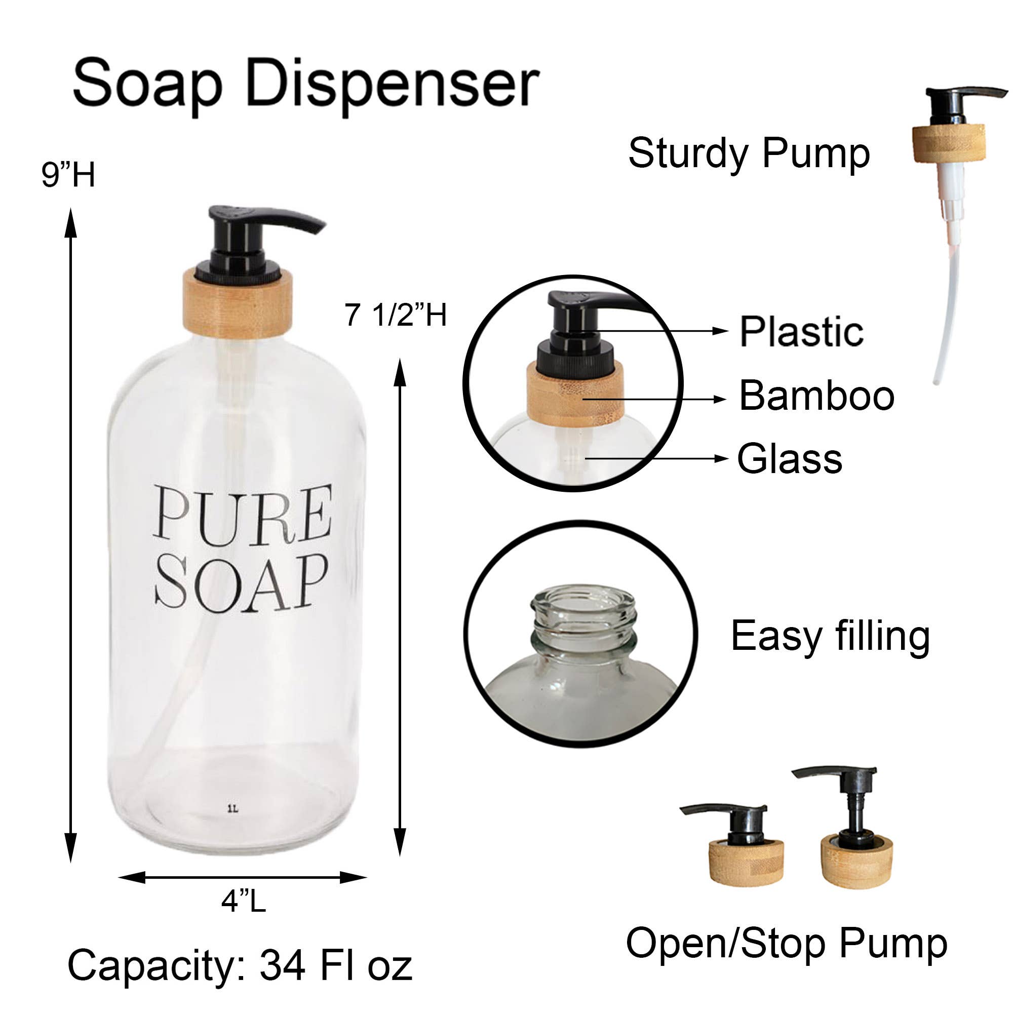 Evideco French Home Goods - Wholesale Soap Dispenser - Glass and Bamboo Soap Dispenser 17 oz oy 34 oz PURE SOAP6