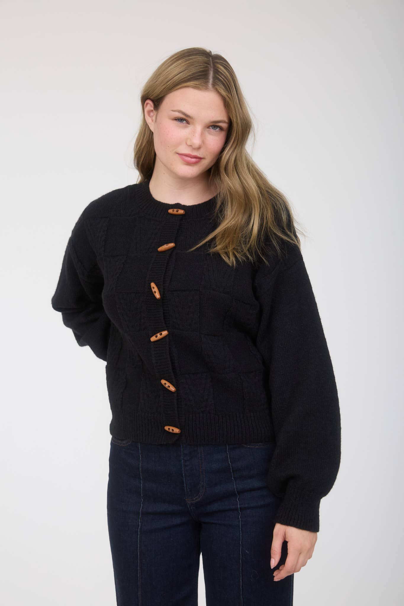 Blu Pepper - Wholesale Knit Sweater - Women's - CHECKERED TOGGLE BUTTON DOWN KNIT CARDIGAN12