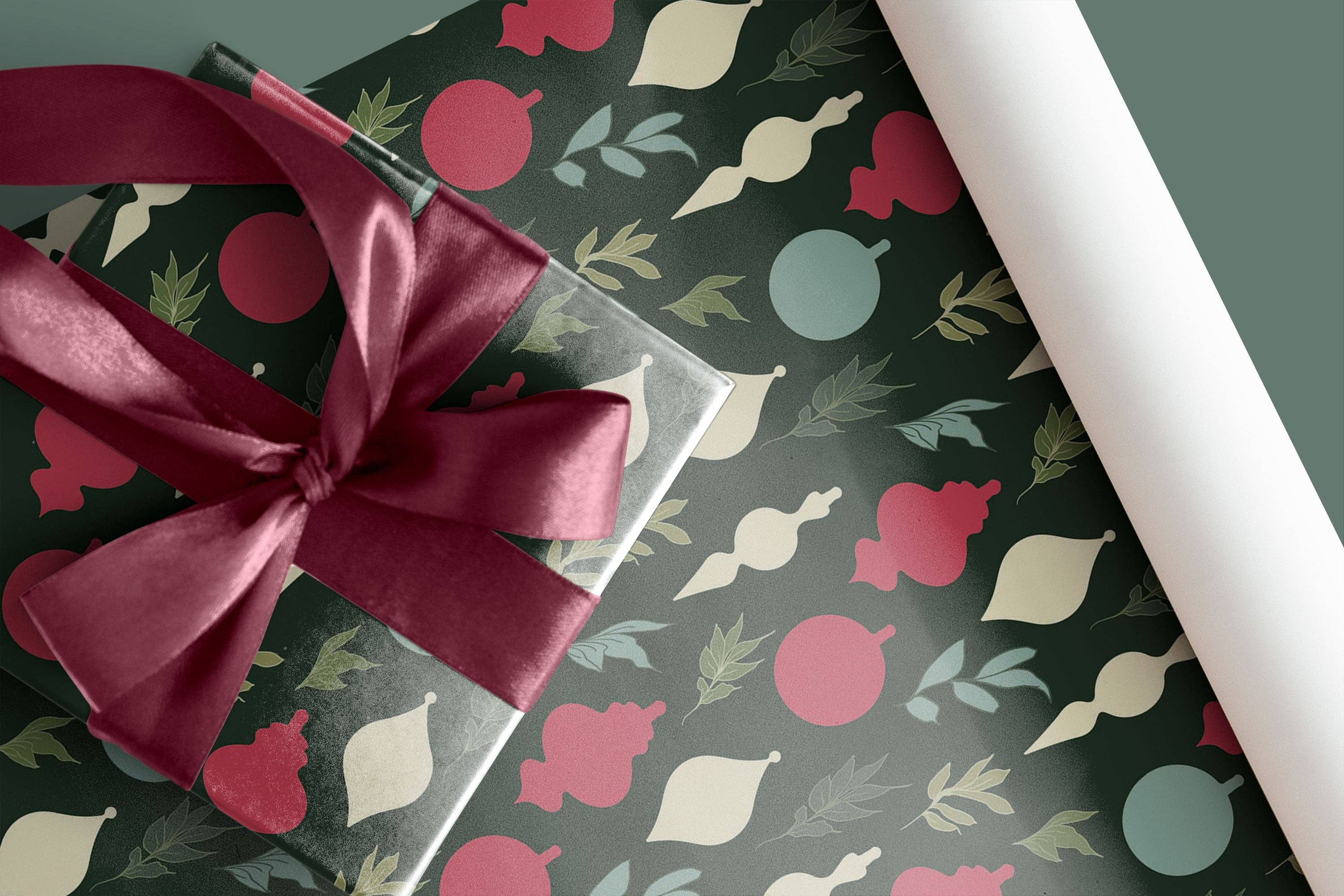 Kartoti Designs - Wholesale Wrapping Paper Roll - Dark Green Christmas Ornaments Wrapping Paper3